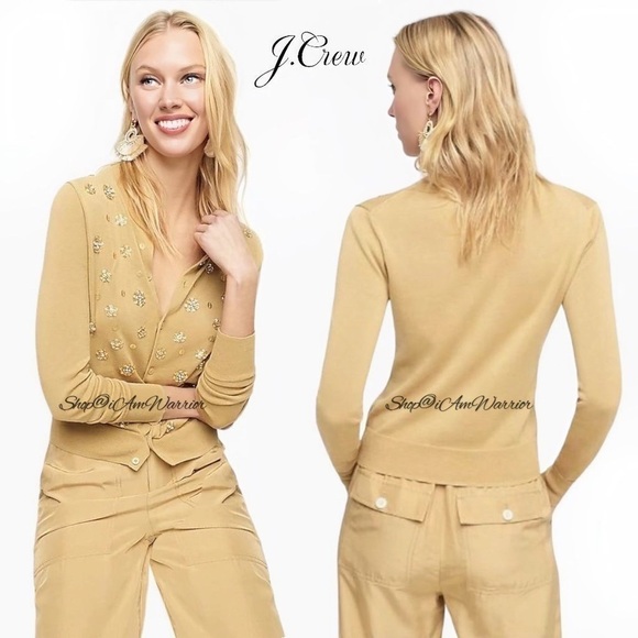 J.Crew NWT tan jeweled embellished crewneck cotton cardigan *shop@iamwarrior - Picture 2 of 10